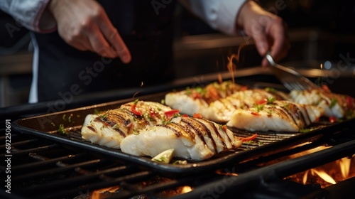 Flavors of Portugal: Chef Skillfully Grilling Cod in a Restaurant, Creating a Traditional and Mouthwatering Portuguese Seafood Dish.