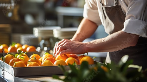 Experience the Skilled Hands of a Chef, Preparing Fresh Oranges with Expertise, Showcasing Artistry and Creating a Delicious and Healthy Culinary Presentation.