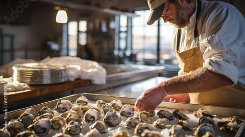 Ocean's Delicacy: The Skilled Hands of a Chef, Shucking Fresh Oysters with Expertise, Crafting an Exquisite Presentation of Raw Shellfish Delight. photo