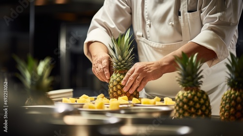 Exotic Elegance: Professional Chef Cutting and Preparing a Pineapple, Demonstrating Culinary Artistry and Expertise in Crafting a Fresh and Delicious Tropical Presentation