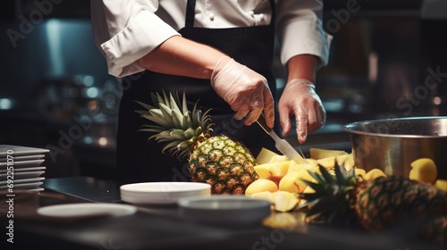 Exotic Elegance: Professional Chef Cutting and Preparing a Pineapple, Demonstrating Culinary Artistry and Expertise in Crafting a Fresh and Delicious Tropical Presentation © Mr. Bolota