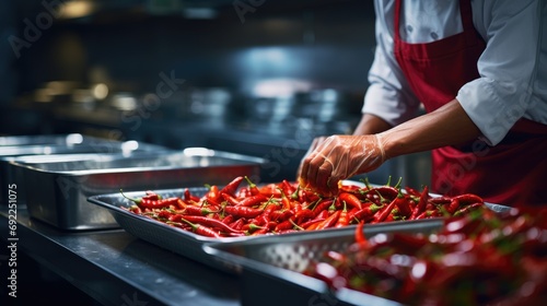 Witness a Chef in Action, Cutting and Preparing Spicy Red Chillies, Infusing Culinary Expertise and Intense Heat into the Culinary Creation.