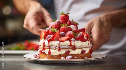 Savoring Perfection: Close-Up of Chef in Commercial Kitchen Preparing a Strawberry Cake for Service, Skillfully Balancing Visual Appeal and Culinary Expertise in Each Ingredient.


