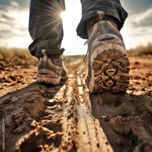 Boots on the Trail: A detailed close-up of hikers' boots navigating a dirt trail in the Southwestern United States, capturing the essence of outdoor activity and the arid beauty of the landscape.