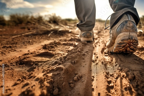 Boots on the Trail: A detailed close-up of hikers' boots navigating a dirt trail in the Southwestern United States, capturing the essence of outdoor activity and the arid beauty of the landscape.