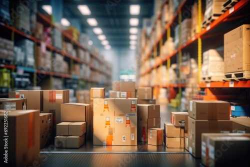 E-commerce Fulfillment: Illustrate the e-commerce boom with a bustling warehouse showcasing stacks of packages ready for shipment, emphasizing the role of warehouses in the digital retail era

 photo