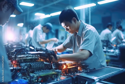 High-Performance Electronics  Dive into the Industrial Environment of an Electronics Assembly Line  where Workers Employ Precision and Automation in a High-Tech Setting for Efficient Manufacturing.