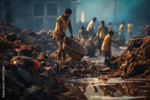 Environmental Responsibility: Illustrate workers in a Kanpur tannery implementing eco-friendly practices, such as waste recycling or water conservation, emphasizing the industry's commitment to sustai photo