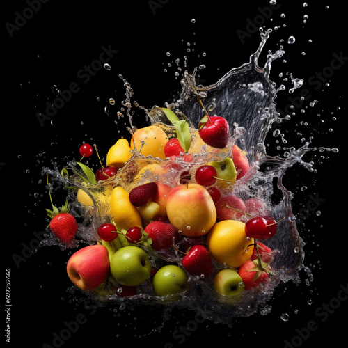 fruits fall into the water, producing water bubbles, on a black background - created using AI