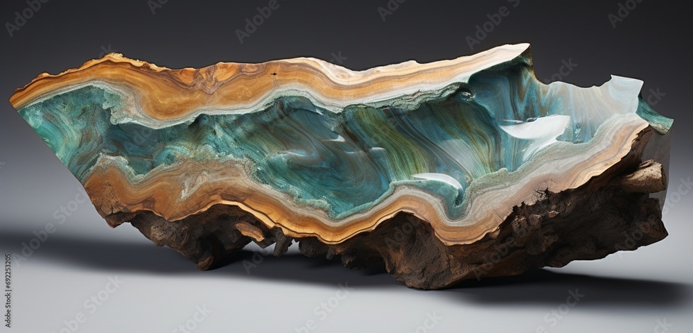 Immersed in cool tones, the cut and polished fossilized wood from Washington State unveils its detailed patterns, a symphony of earthy blues and greens captured in high definition. Immersed in cool tones, the cut and polished fossilized wood from Washington State unveils its detailed patterns, a symphony of earthy blues and greens captured in high definition.