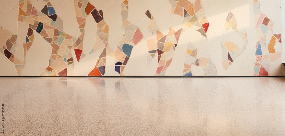 Obraz premium Terrazzo marble intertwines with the raw textures of limestone and concrete, while a beige backdrop hosts a celebration of colored chips in a spectrum of hues, crafting mesmerizing patterns.