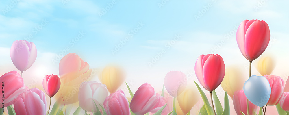 pink tulips on blue sky background pink tulips on blue sky background