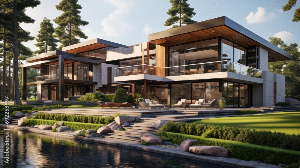3d rendering of modern house by the river at morning, house, luxury, villa, modern, architecture, building, exterior, residential, property, designer.