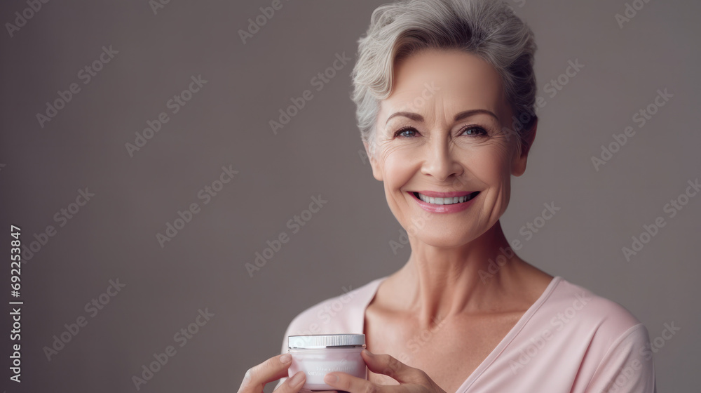 senior beautiful woman smile use cream for good skin. face of a healthy woman apply cream and makeup. Advertisement for skin cream, anti-wrinkle, baby face, whitening, moisturizer, tighten pores senior beautiful woman smile use cream for good skin. face of a healthy woman apply cream and makeup. Advertisement for skin cream, anti-wrinkle, baby face, whitening, moisturizer, tighten pores