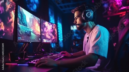 pro gamer man in headphones live streaming while playing online computer game, neon lights, esports,  gaming, monitor, play, young, player, internet, enjoyment, cyber, photo