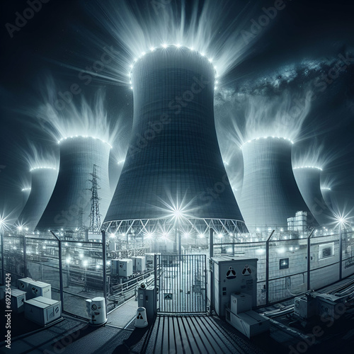 Sci Fi High-Tech Nuclear Energy Facility Steam Cooling Towers at Night. Cutting edge Physics, Power Experimental Core Reactor Industrial Generator Plant Uranium Enrichment & Energy Producing Machinery photo