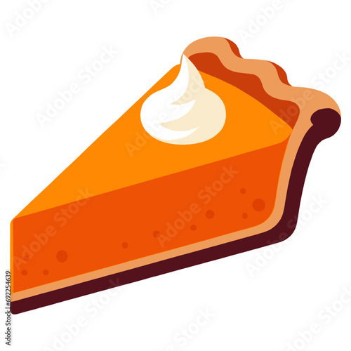 Pumpkin pie vector illustration. One slice of thanksgiving pie with crust, cream filling and whipped cream on top. Graphic icon or print, isolated on white background.