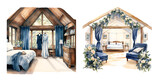 Cottage wedding room, watercolor clipart illustration with isolated background.