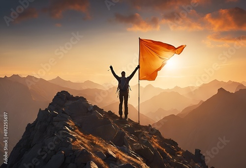 A solo hiker standing successfully on a mountain top photo