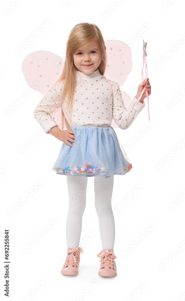 Cute little girl in fairy costume with pink wings and magic wand on white background Cute little girl in fairy costume with pink wings and magic wand on white background