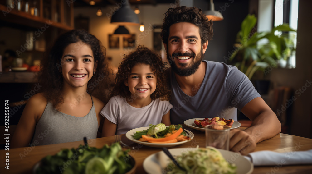 portrait of a latin family of a father and two daughters having lunch in a restaurant