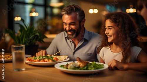 single dad and daughter having dinner in a restaurant