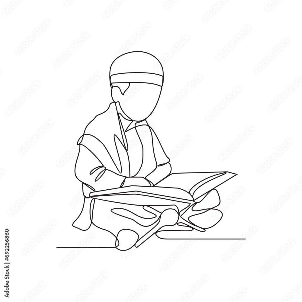 One continuous line drawing of a child is reading the Qur'an in the mosque vector illustration. Religius activity design illustration simple linear style vector concept. reading the Qur'an design. One continuous line drawing of a child is reading the Qur'an in the mosque vector illustration. Religius activity design illustration simple linear style vector concept. reading the Qur'an design.