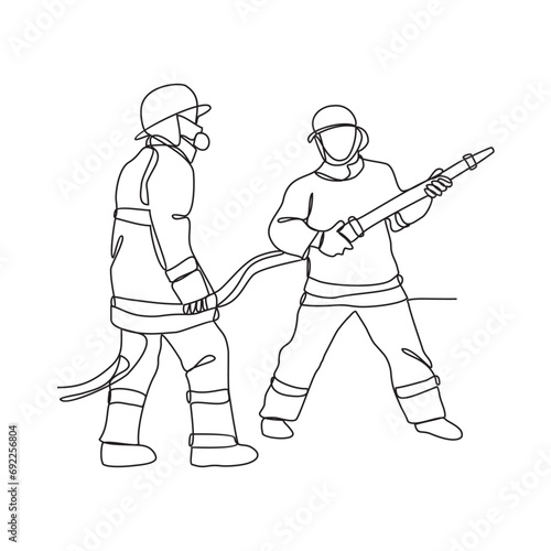 One continuous line drawing of The fire fighter brigade is on duty to put out the blazing fire vector illustration. Fire Fighting design illustration simple linear style vector concept.