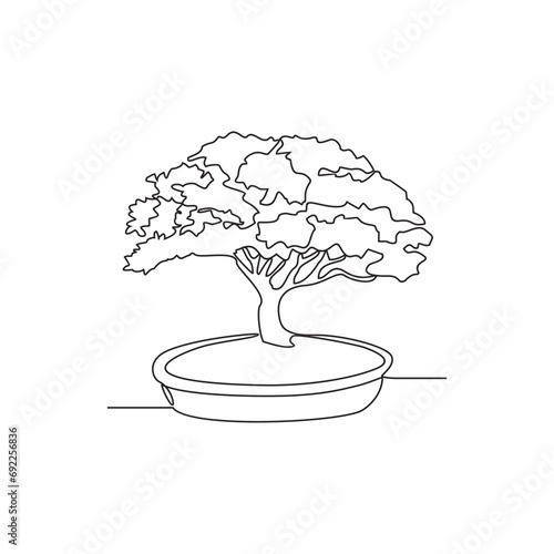 One continuous line drawing of a very nice bonsai plant in front of the house vector illustration. Bonsaiplant design illustration simple linear style vector concept. plant design illustration photo