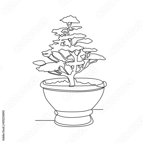 One continuous line drawing of a very nice bonsai plant in front of the house vector illustration. Bonsaiplant design illustration simple linear style vector concept. plant design illustration photo