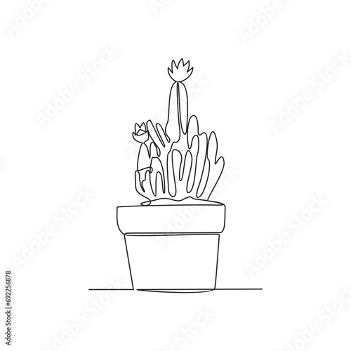 One continuous line drawing of a cactus plant is in a pot in front of the house vector illustration. Cactus plant illustration simple linear style concept vector. suitable for your asset design.
