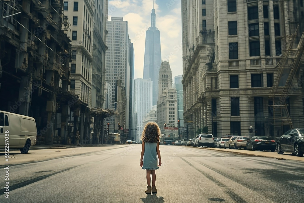 A little girl is standing in the middle of the street, people are walking around, hurrying. Nobody pays attention. Big skyscrapers. generative ai