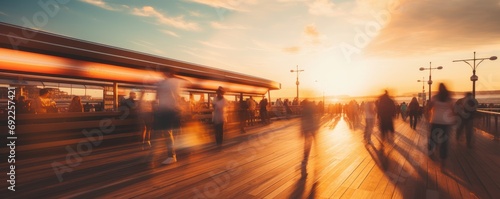 People walking on a boardwalk along a beach at golden hour, motion blur