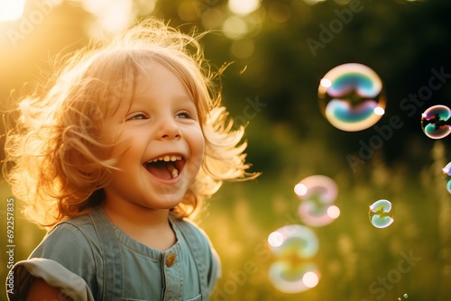 Photo of a joyful child blowing bubbles in a sunny park. Generative AI photo