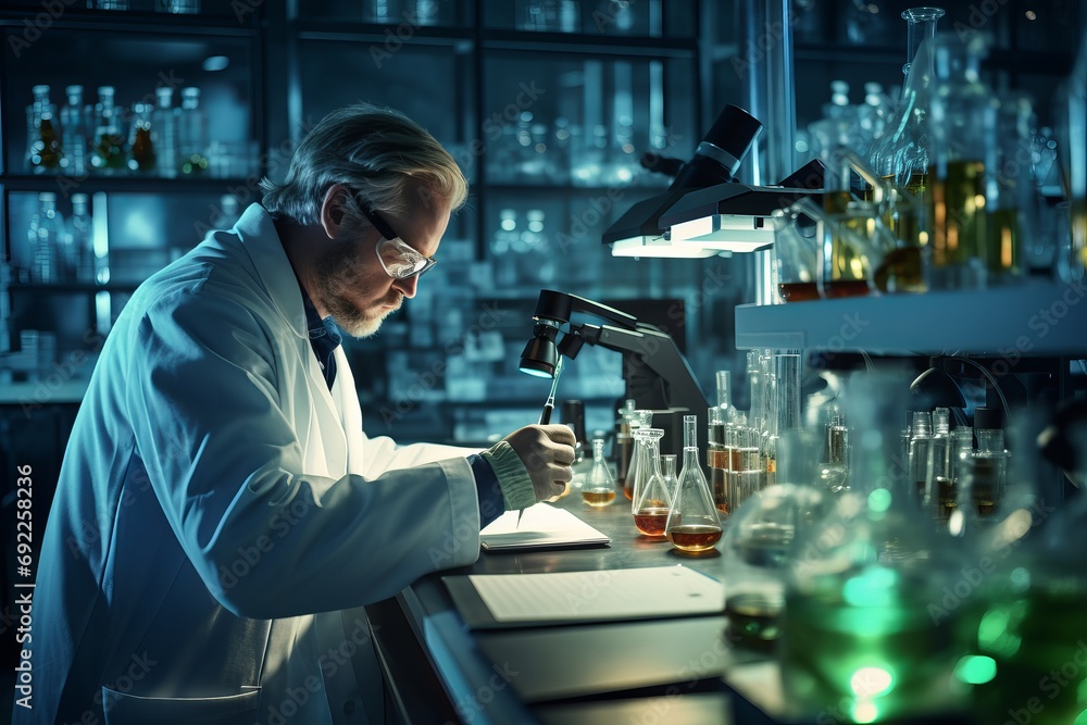 Photo of a scientist in a laboratory conducting research. Generative AI