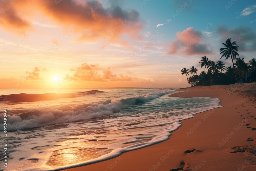 Photo of a serene and secluded beach at sunrise. Generative AI