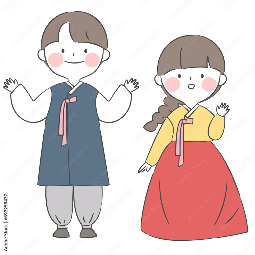 한복을 입은 캐릭터 일러스트. 인사하는 남녀 한복을 입은 캐릭터 일러스트. 인사하는 남녀