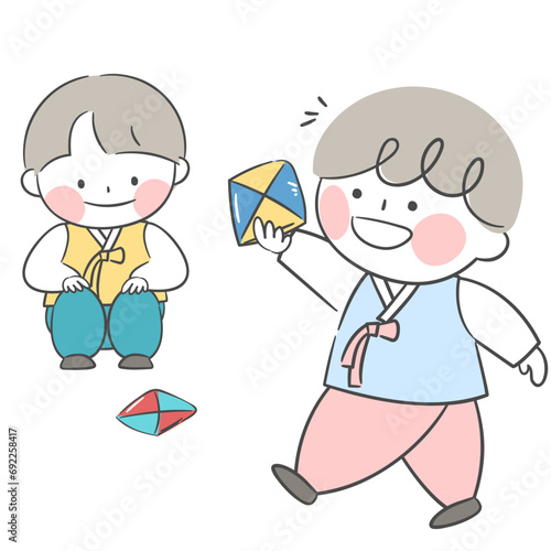 딱지치기를 하고 있는 아이들 일러스트. 명절에 하는 전통 놀이.