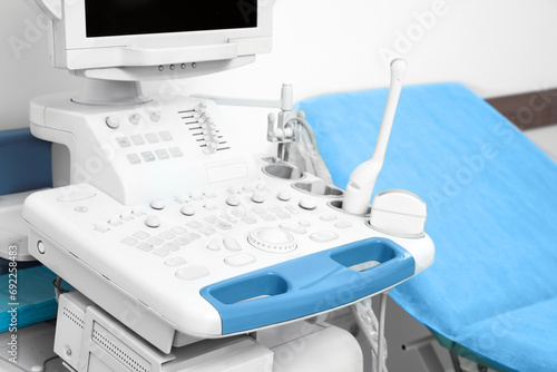 Ultrasound machine and examination table in hospital  closeup