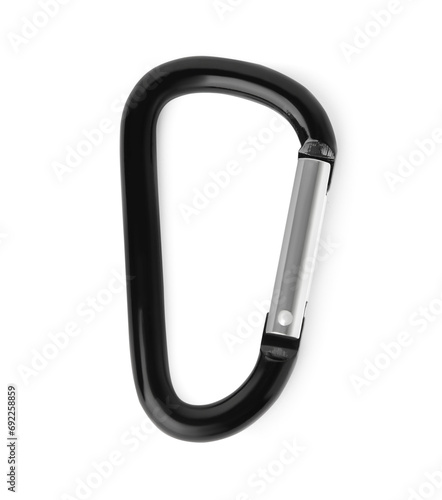 One black carabiner isolated on white, top view
