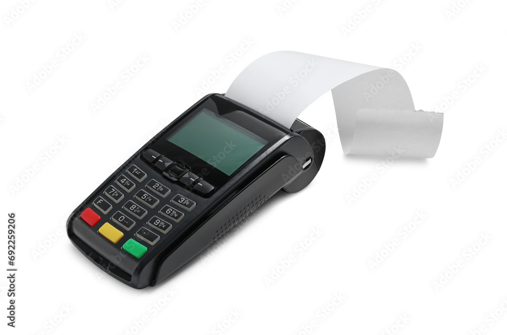 Payment terminal with thermal paper for receipt isolated on white Payment terminal with thermal paper for receipt isolated on white