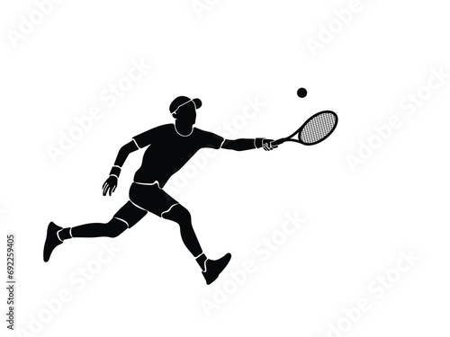 A Tennis player simple vector background, banner, poster with man, racket and ball. Line drawing art illustration of male tennis player. Tennis player vector. © SIRAPOB