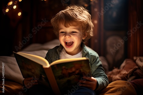 Photo of a young child reading a book with enthusiasm. Generative AI