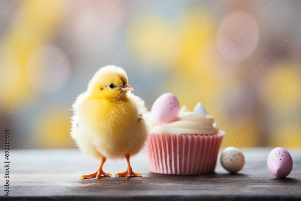 Easter cupcake with holiday themed background, selective focus with copy space