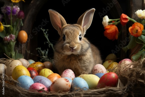 Easter bunny with holiday decorations. Background with selective focus and copy space