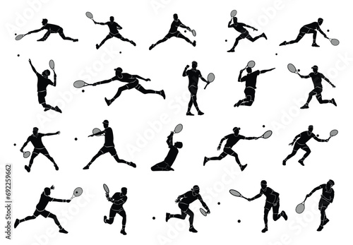 A set of tennis player man silhouette sports people design elements.Tennis player vector.