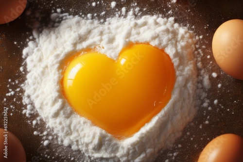 Raw egg and flour in heart shape with selective focus and copy space