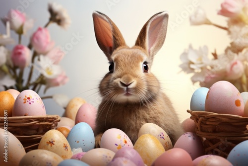 Rabbit among eggs in the studio. Background with selective focus and copy space