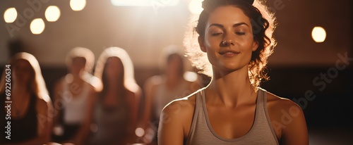 a healthy young woman passionately performing yoga with people in a wellness studio. generative AI