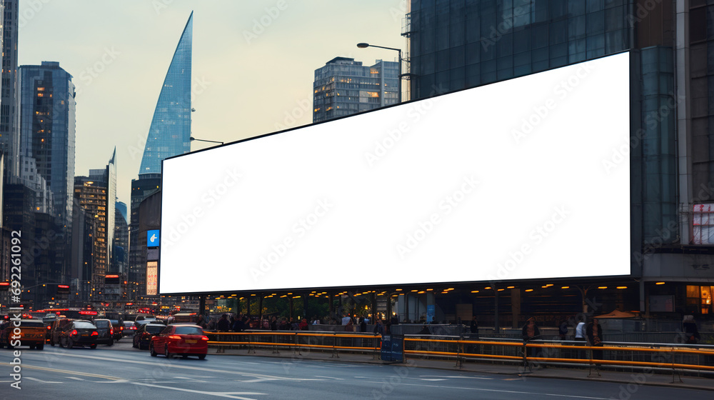 Blank white road billboard with cityscape background. Street advertising poster, mock up, 3D rendering. Side view. The concept of marketing communication to promote or sell idea.